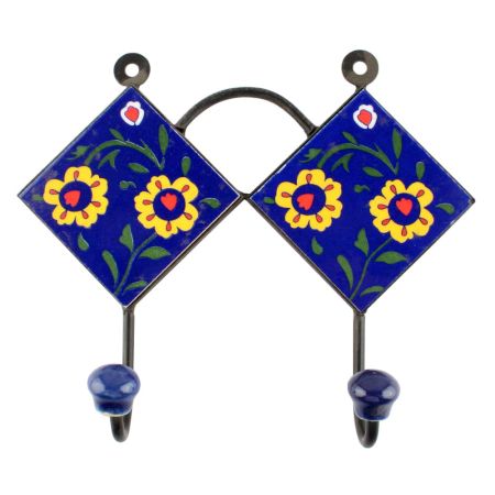 Navy Blue And Yellow Ceramic Floral Tiles Hook